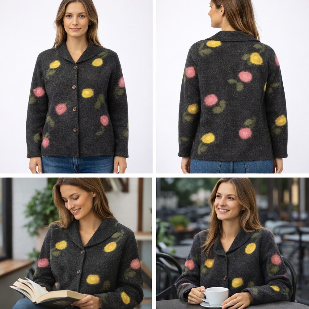Alexandra Bartlett Cardigan Womens S‎ Gray Floral Wool Button Front Vintage